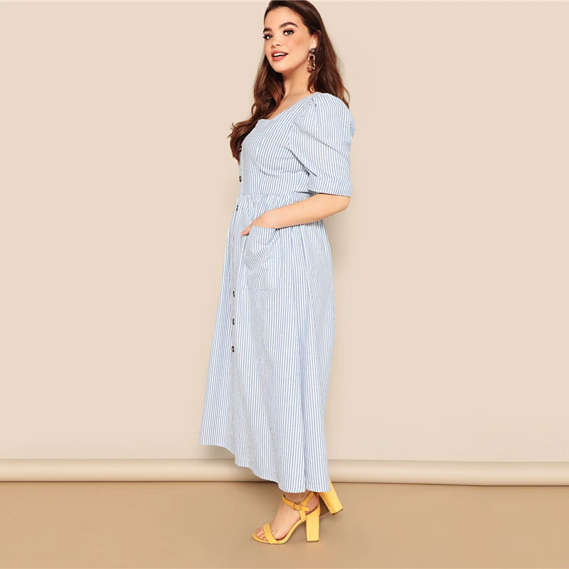 SHEIN, платье размера плюс, синее, с карманом, с заплатками, на пуговицах, в полоску, с карманом,, женское летнее повседневное Цельнокройное расклешенное платье с квадратным вырезом