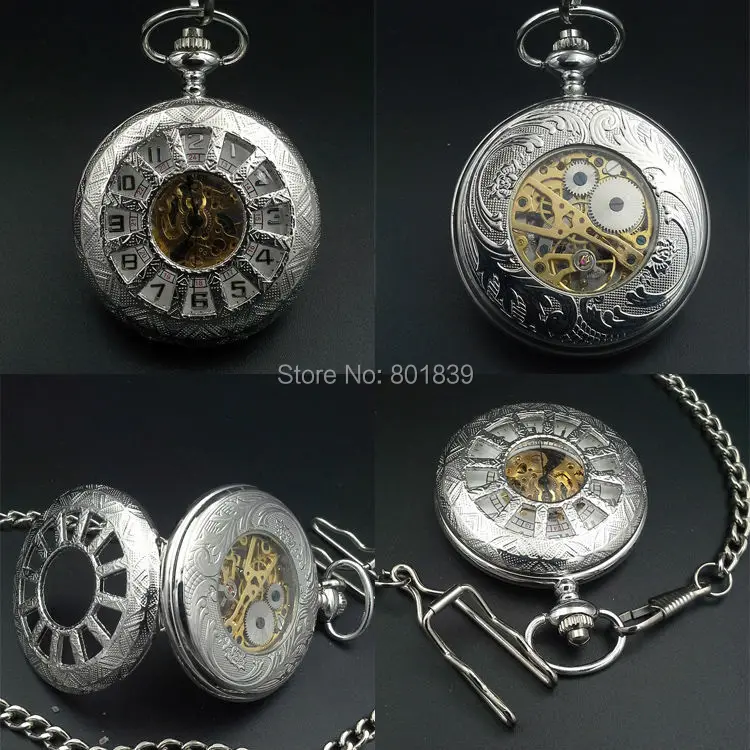 Elegant Silver Tone Skeleton Mechanical Wind Up Men's Pocket Watch Nice Gift H167|watch silver|watch storewatch flying |
