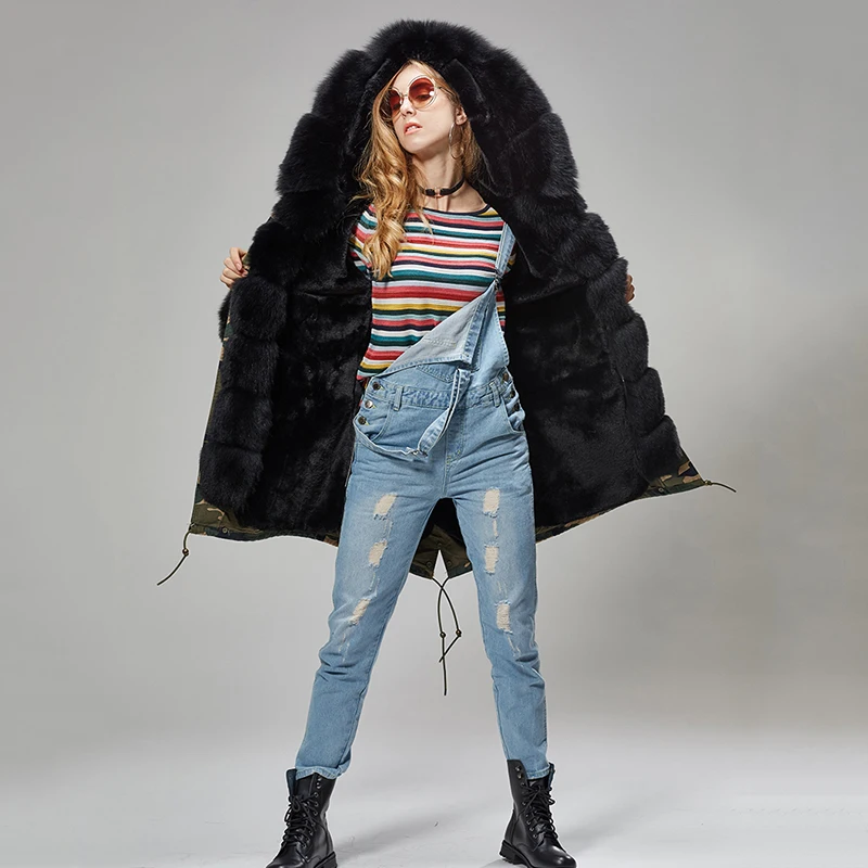 Real Fox Fur Collar Coat Coat Thick Leather Coat Natural Camouflage Winter Jacket Zipper Women'S Ladies Winter Heavy Coat Slim07