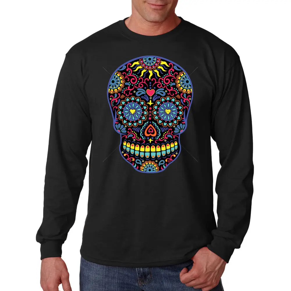 Красочные сахарный череп лица День мертвых Dia De Los Muertos футболка с длинными