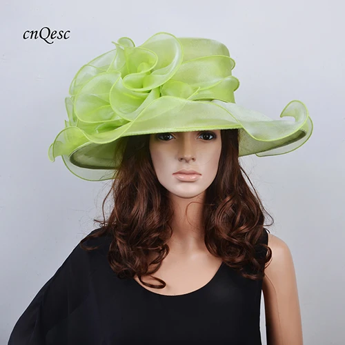 LIME GREEN Новинка, светло-зеленые шляпы с широкими полями, из органзы, с кристаллами, для церкви, для Кентукки, Дерби, свадебные женские шляпы, для гонок - Цвет: LIME GREEN