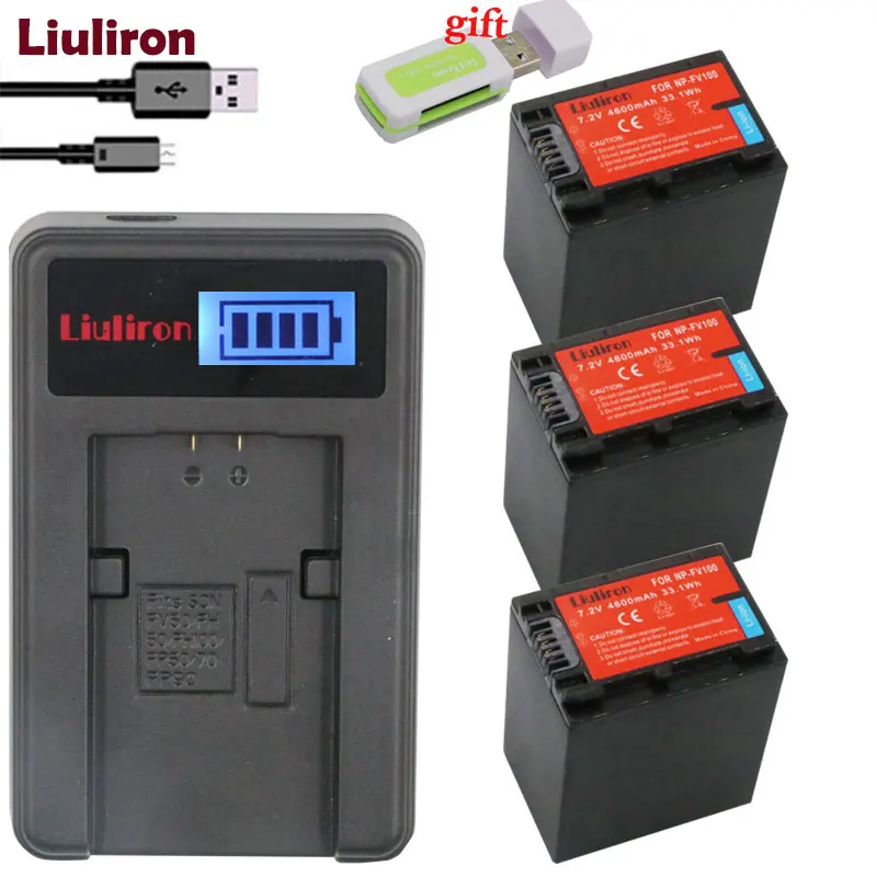 charger and 3battery NP FV100 NPFV100 FV100 Камера Батарея+ ЖК-дисплей USB Зарядное устройство для SONY NP-FV30 NP-FV50 NP-FV70 SX83E SX63E FDR-AX100E - Цвет: charger and 3battery