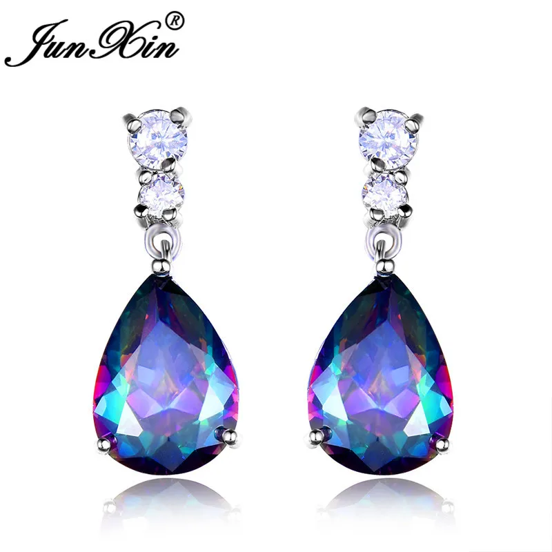 Multicolor Earrings JUNXIN мистический огненный Циркон слеза Циркон Висячие серьги для женщин Фиолетовый Синий Зеленый Радуга камень грушевидной формы свадебные серьги для женщин - Окраска металла: Multicolor Earrings