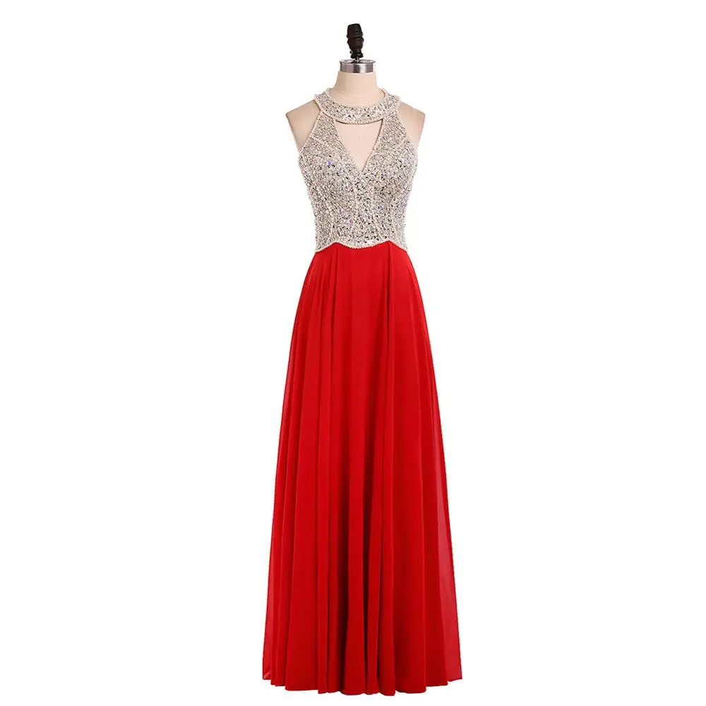 Vestidos de Fiesta, длинное вечернее платье, королевское синее шифоновое ТРАПЕЦИЕВИДНОЕ официальное длинное платье с лямкой на шее, Abendkleider, на заказ, 102417W - Цвет: Красный