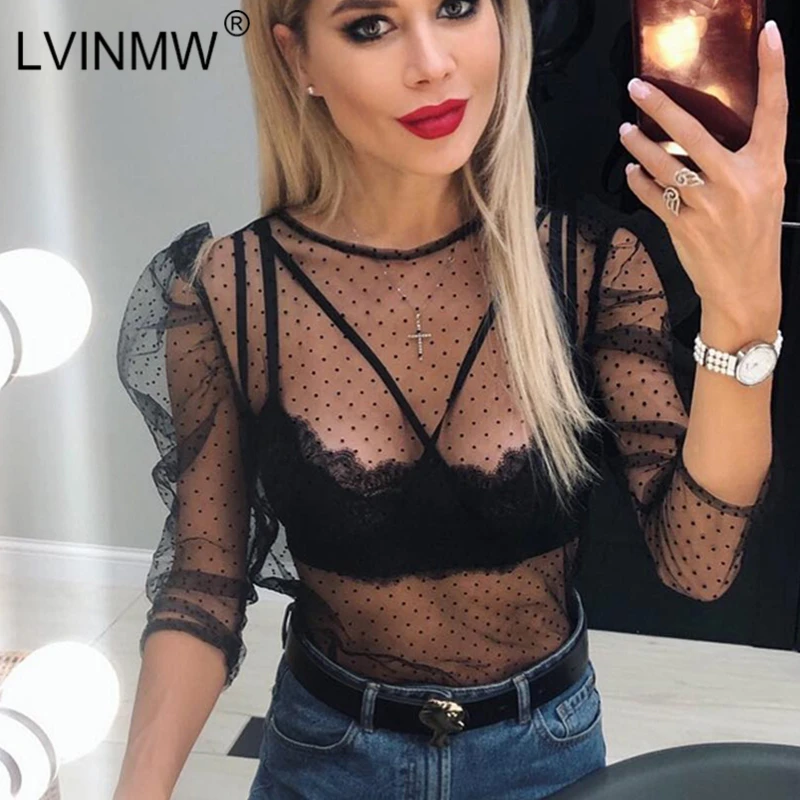 LVINMW Сексуальная черная сетчатая Футболка с принтом в горошек Прозрачная 2019