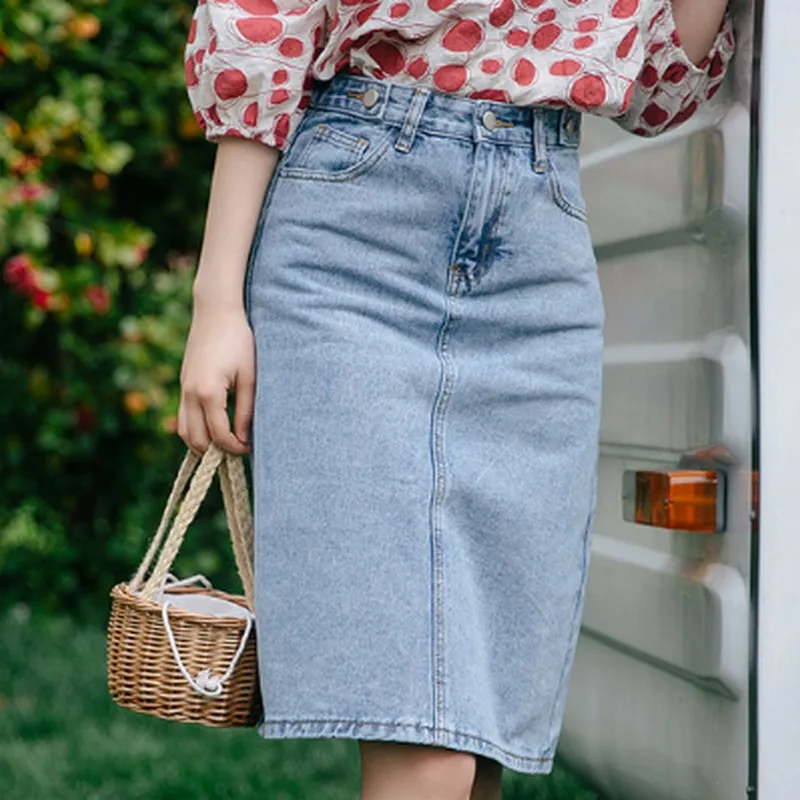 Женская джинсовая юбка с высокой талией в Корейском стиле синяя Повседневная