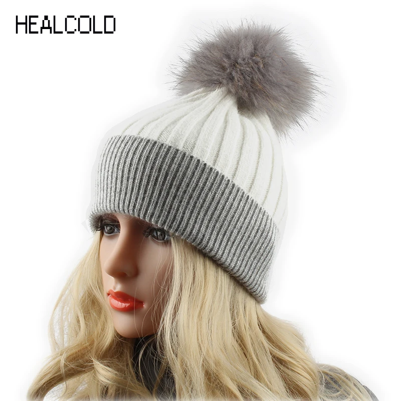 Зимние шерстяные шапки для женщин шапка с меховым помпоном женская трикотажная