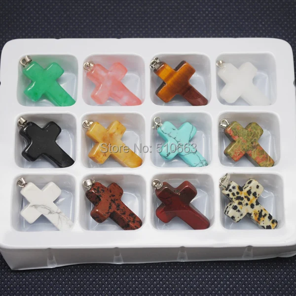 

Box Stone Sets,12 Pieces /Lot,Nature Stone Pendant,Gem Stone Pendant Cross Shape,For Necklace Making,Size:18x26mm