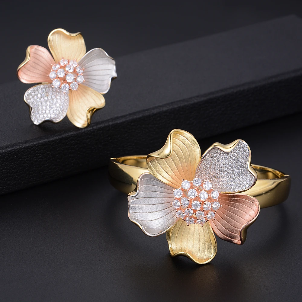 Missvikki Роскошные цветущие цветы большой браслет кольцо ювелирный набор модные