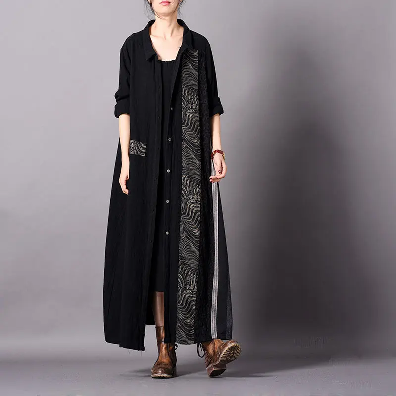 

Vintage cotton linen trench coat for women long loose plus size coats elegant casual windbreaker personality patchwork overcoat