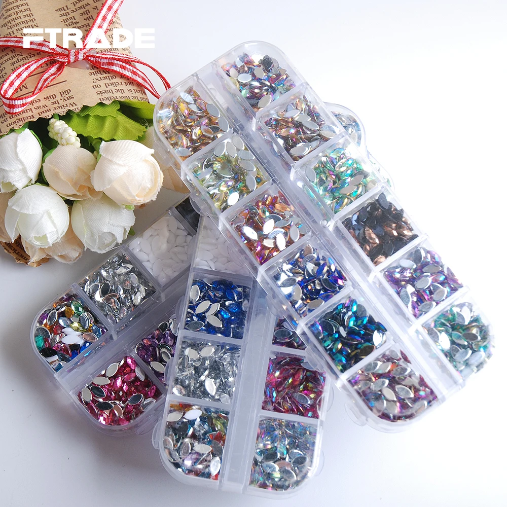 3x6mm Acrylic Horse Eye Marquise Glitter Nail Art Rhinestones 12 Color/Box About 1700pcs For Nails DIY Decorations Wedding Dress | Дом и сад