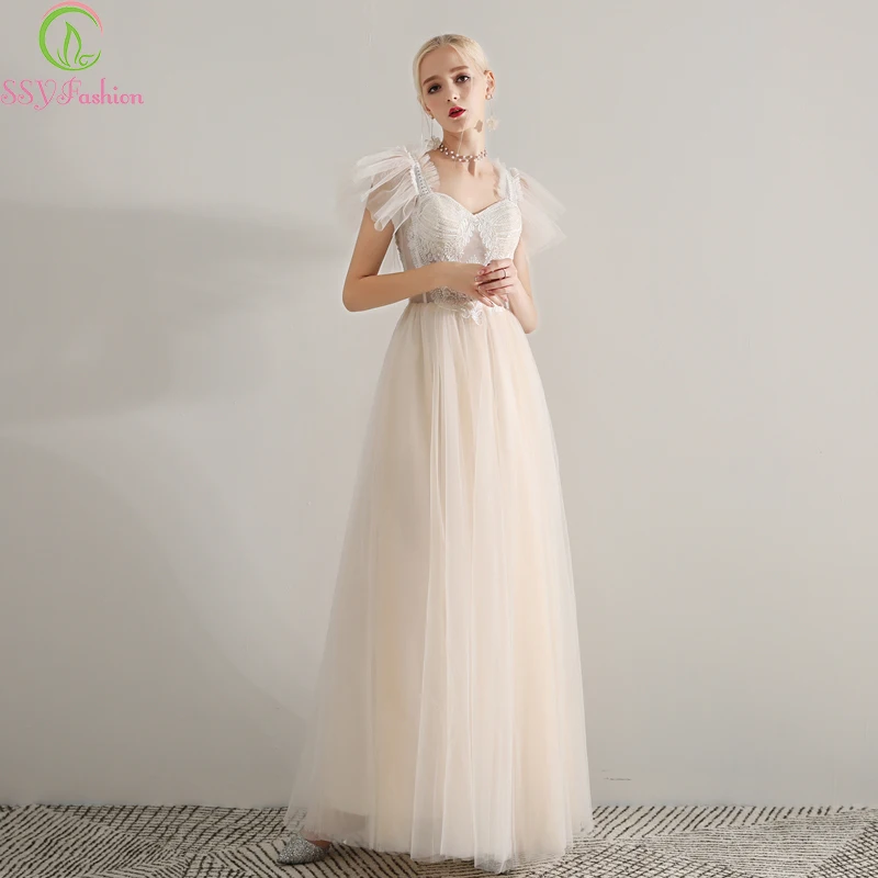 

Женское вечернее платье SSYFashion, бежевое длинное бальное платье с кружевной аппликацией, индивидуальный пошив, 2019