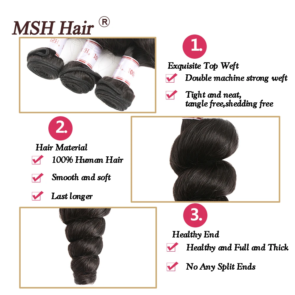 MSH Hair Indian Loose Wave 4 Bundles Extensions Natural Black Non Remy Human Weaves | Шиньоны и парики