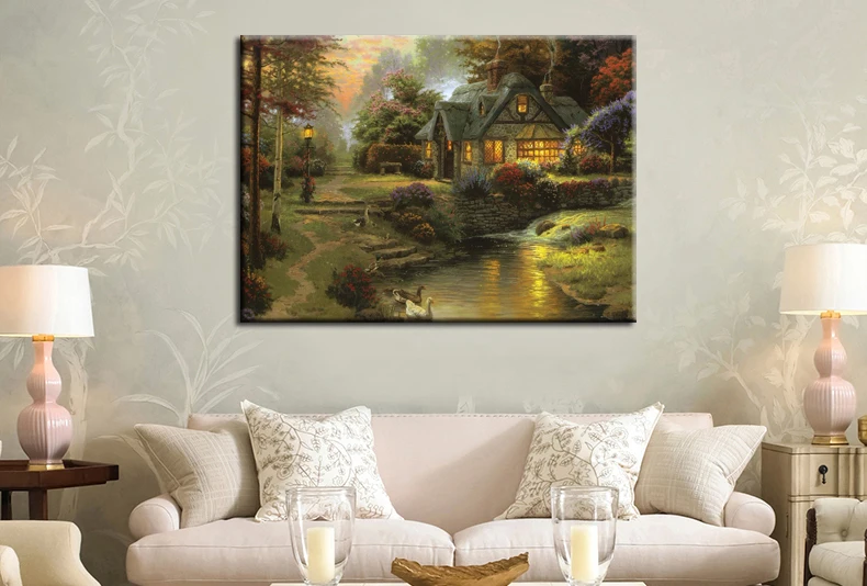 Thomas kinkade коттедж на реке пасторальный пейзаж живопись холсте печать заказ
