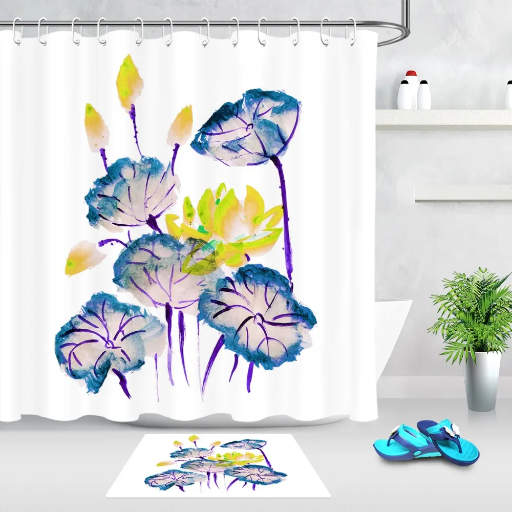 Акварельная живопись листьев лотоса цветок бутон занавеска для душа