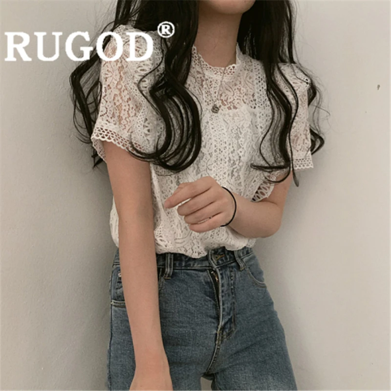 RUGOD Женская однотонная винтажная блузка с круглым вырезом и кружевной вышивкой