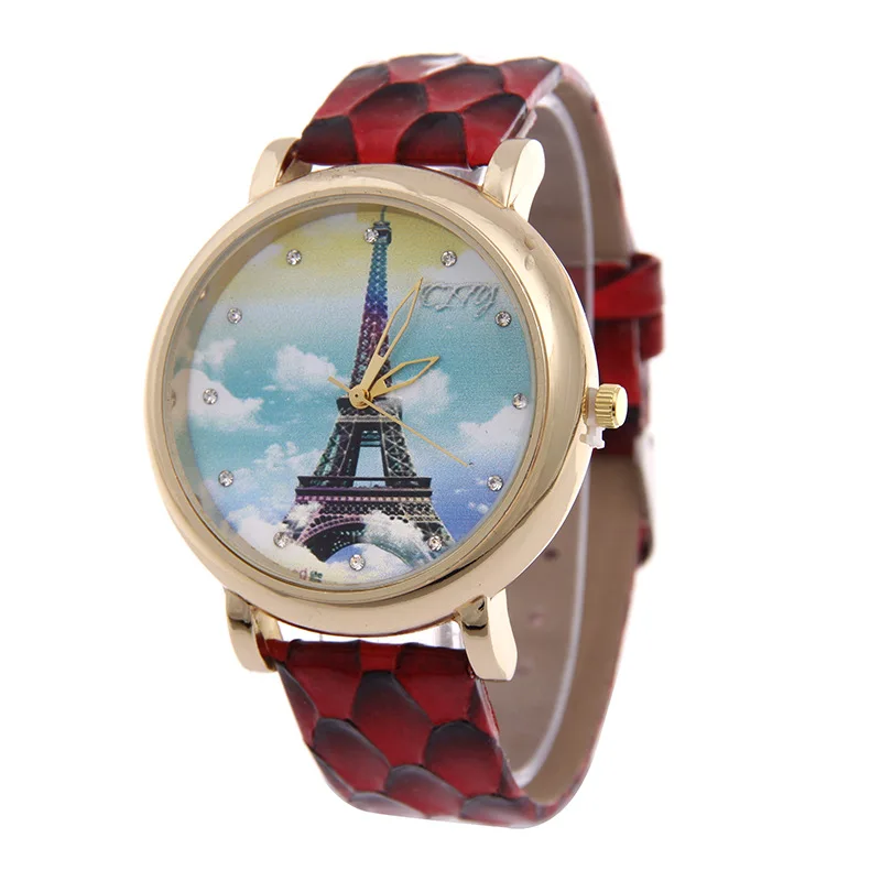 Модные 3D печать Эйфелева башня цветы Для женщин кварцевые наручные часы кожаный