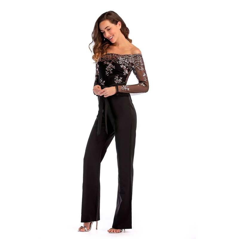

Lace Sequin Patchwork Jumpsuit Women Sexy Off Shoulder Slash Neck Long Sleeve Women Jumpsuit Elegant Wide Leg Jumpsuit D19029