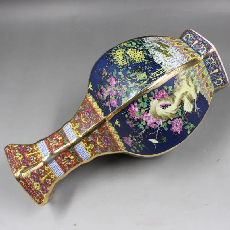 Qing Qianlong антикварная синяя керамическая ваза с эмалью шестиугольная цветком