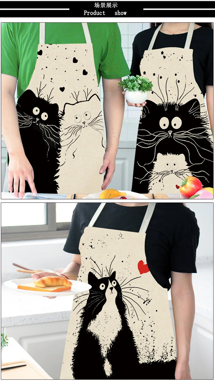 1Pcs Kitchen Apron Cute Cartoon Cat Printed Sleeveless Cotton Linen Aprons for Men Women Home Cleaning Tools 66*47cm