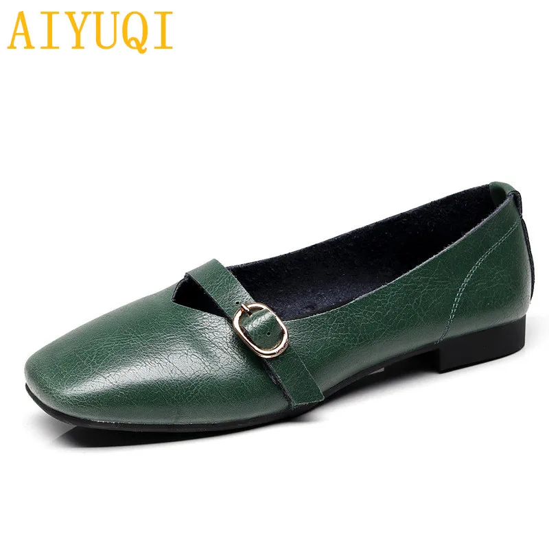 green AIYUQI Женская обувь на плоской подошве, новинка года, Весенняя женская повседневная обувь из натуральной кожи, большие размеры 35-43, удобная женская обувь для мам - Цвет: green