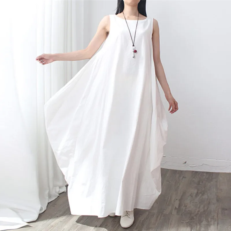 BUYKUD 2019 New Vintage Plus Size Solid Color Sleeveless Linen Irregular Big Pockets Women Dresses O-neck Casual Dress Summer | Женская