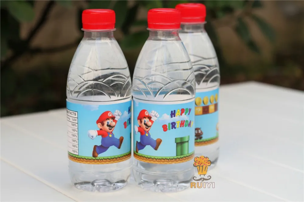 24 шт., новинка, бутылка для воды Super Mario Bros, этикетка с днем рождения, конфетная палочка, Детские принадлежности для вечеринки на день рождения, Детские вечерние украшения для душа