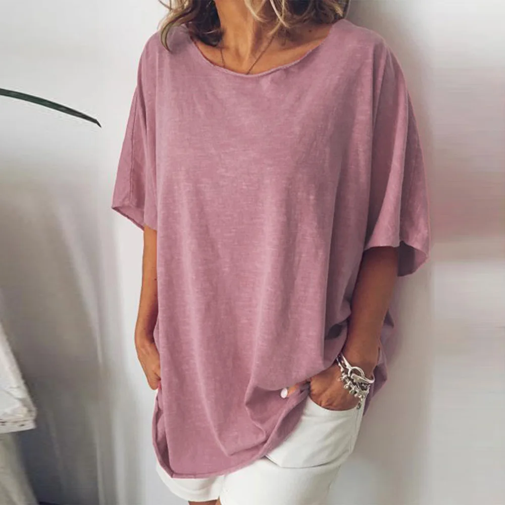 Большие размеры женские топы свободные однотонные повседневные с круглым