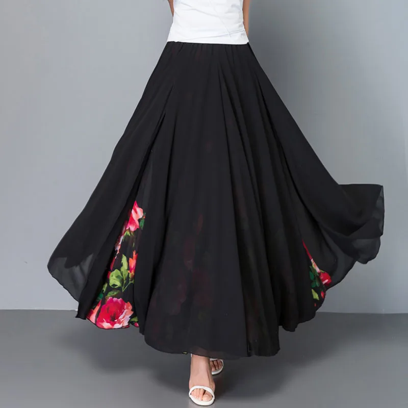Лето 2019 Женская юбка для танцев черная Цветочная шифоновая с широким подолом