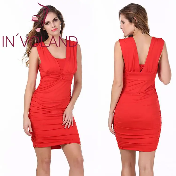 Модное женское платье с v образным вырезом без рукавов сзади рюшами приталенное