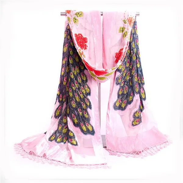 Light Pink Высокое качество Фиолетовый китайский женский бархатный шелковая шаль шарф ручной работы вышитый бисером павлин Шаль Шарф обёрточная бумага шарфы - Цвет: Light Pink