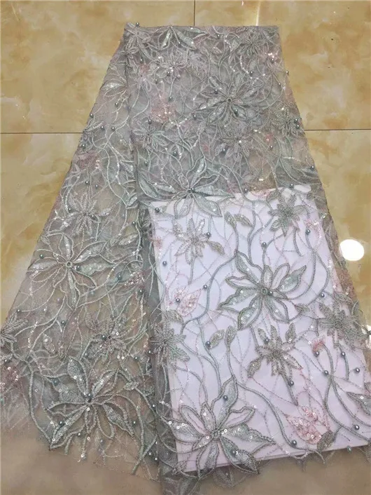 Розовый кружевной ткани французского кружева Асо Оке headtie с бисером tissu dentelle perles