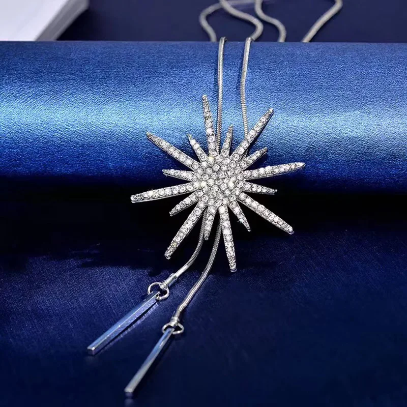 Женская Серебряная цепочка с длинной подвеской Rhinestone Kolye ожерелье большой