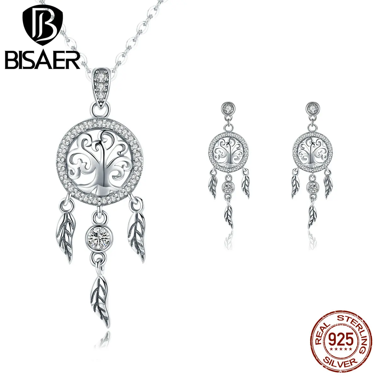 BISAER-Conjunto de joyería de plata de ley 925 Vintage, collares y pendientes atrapasueños, conjuntos de joyería, joyería de plata fina