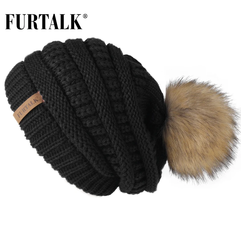 Женская вязаная мешковатая шапка бини FURTALK черная красная желтая с помпоном для