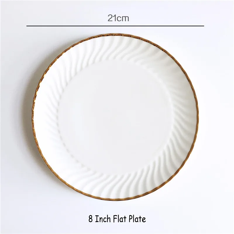8 Flat Plate Костяного фарфора золотой край столовая посуда набор Белый вращающиеся рельефы изображают столовый прибор под позолоту ужин Суповая тарелка чаша и блюдце 1 шт - Цвет: 8 Flat Plate