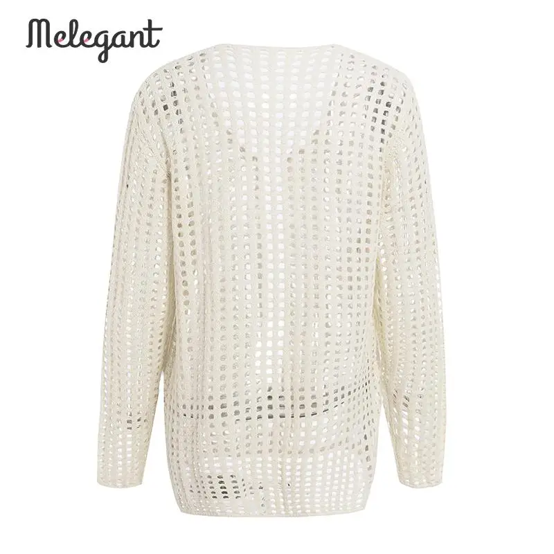 Melegant Autumn winter 2019 Casual Women Cardians Sweater Hollow Out Solid White Cardigan Female Knitwear Plus Size |