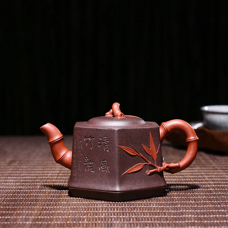 

clay pot genuine famous artisans hand-made raw ore Purple mud two-color bamboo knot hexagonal pot Kungfu Teapot Set
