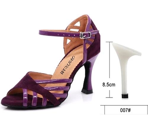 Purple heel 8.5cm WUXIJIAO танцевальная обувь для латиноамериканских женщин ПУ+ замша Сальса Танцевальная обувь блестящая Профессиональная Обувь для танцев бальные мягкие туфли - Цвет: Purple heel 8.5cm