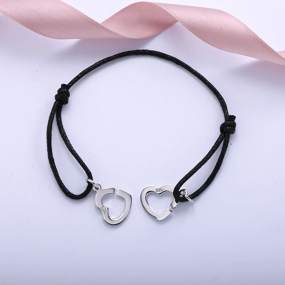 Moonmory 925 пробы Серебряный двойной браслет в форме сердца для женщин и мужчин с черной веревкой Регулируемый браслет