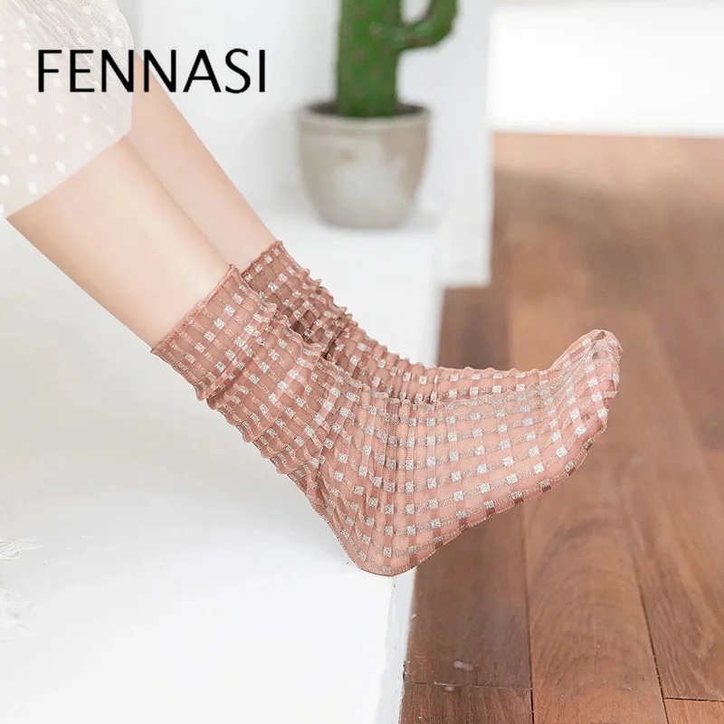 FENNASI 2 пары Harajuku женские нейлоновые носки с принтом модные японские яркие шелковые перламутровые сетчатые шелковые носки сексуальные женские носки