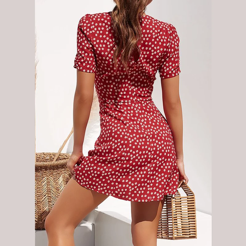 Мини-платье с цветочным принтом Летний Пляжный женский сарафан в стиле бохо для