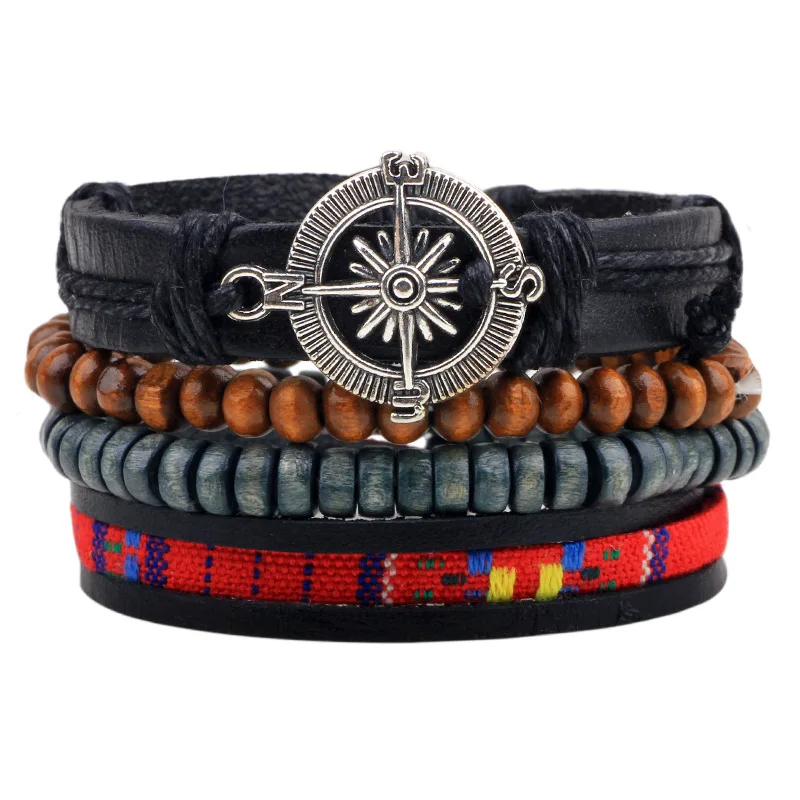 4pcs/set Handmade Hippie Punk Black Leather Rope Cord Brown Blue Wood Bead Compass Charm Stackable Wrap Bracelets for Man