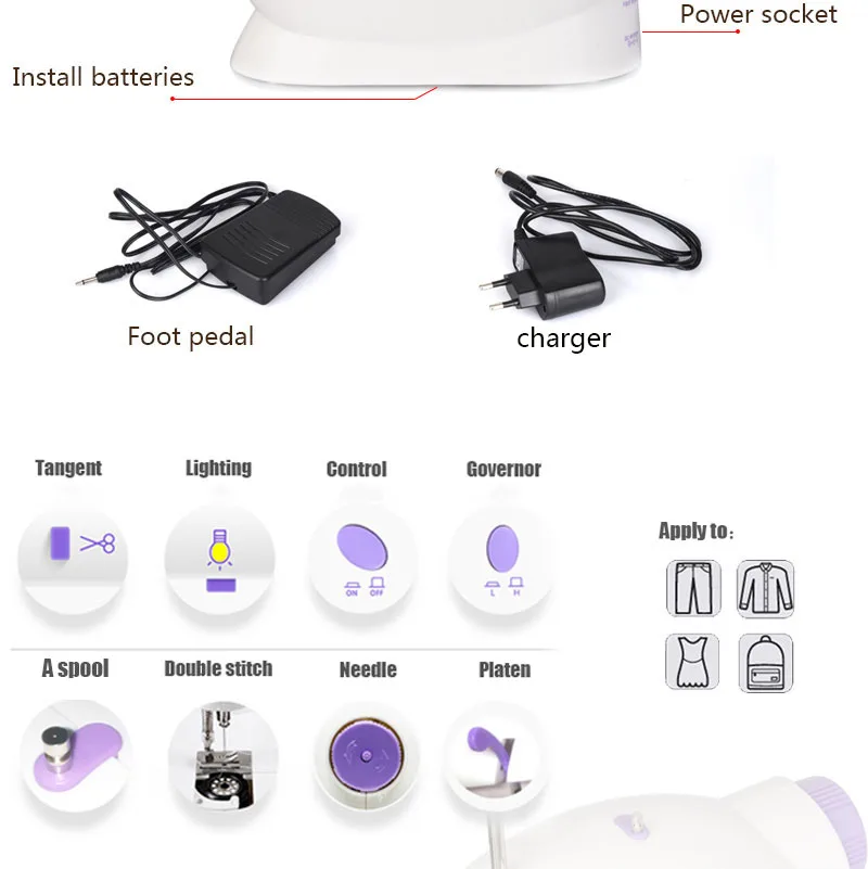Mini Hand / Foot Pedal sewing machines Motor Dual Speed Portable Mini Electric Sewing Overlock AC100-240V Double Threads 10