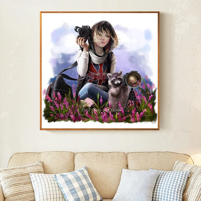 5D DIY Diamond embroidery Girl and little raccoon photography 3D Full diamond painting cross stitch mosaic home decoration gift | Дом и сад