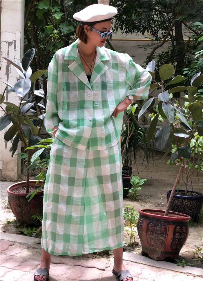 green SuperAen, модные женские комплекты, лето, новинка, женская рубашка с длинным рукавом, повседневные штаны, женские клетчатые, две части, для женщин - Цвет: green