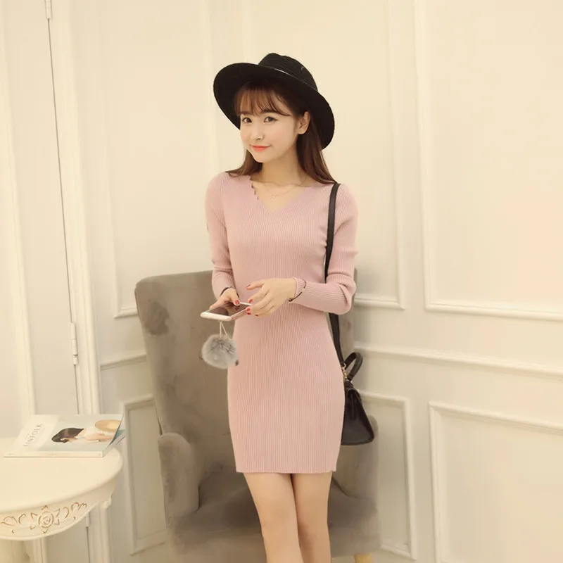Женский пуловер с длинным рукавом Облегающее вязаное платье-свитер в Корейском
