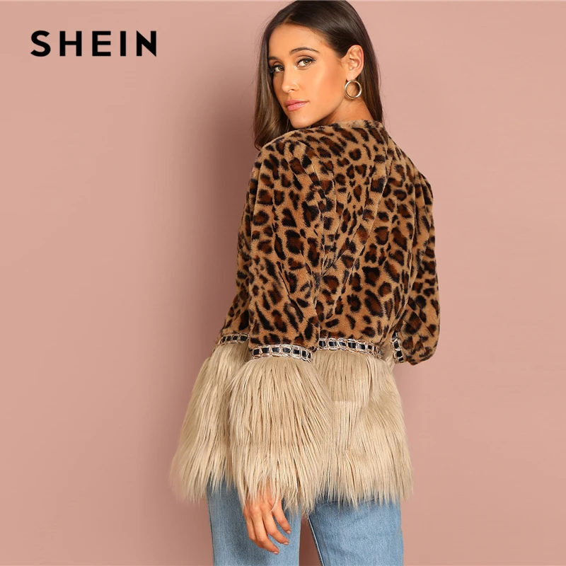 SHEIN Пальто Из Искусственного Меха С Контрастной Отделкой Модное Укороченное Пальто Из Эко Меха