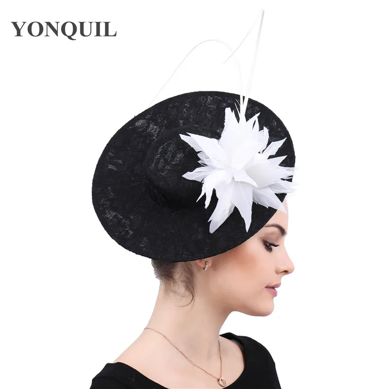 

Vintage Party Cocktail Headdress Balck Lace Hat Bases With Ostrich Pole Feather Red Bridal Wedding Hats And Fascinator For Woman