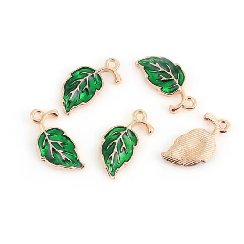 Doreen Box Zinc Based Alloy Vintage Pendent Gold Color Green/Blue/Yellow Plant Leaf Enamel 20mm( 6/8&quot) x 10mm( 3/8&quot) 20 PCs |